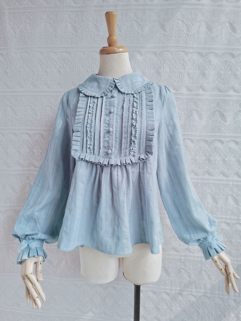 Yilia - J-fashion Ruffle Cotton Lolita Blouse S peacock blue