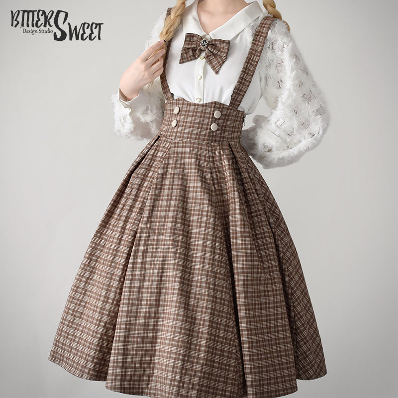 BitterSweet - Vintage Lolita Skirt Fishbone Tartan Super High Waist SK S light brown