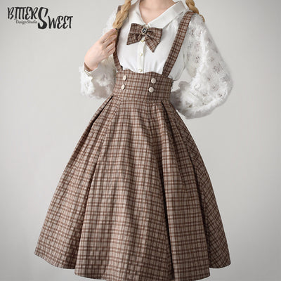 (BuyForMe) BitterSweet~Vintage Lolita Skirt Fishbone Tartan Super High Waist SK S light brown 