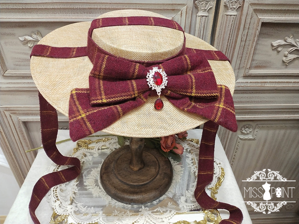 Miss point - Rose Silhouette - Elegant Handmade Lolita Flat Hat burgundy plaid