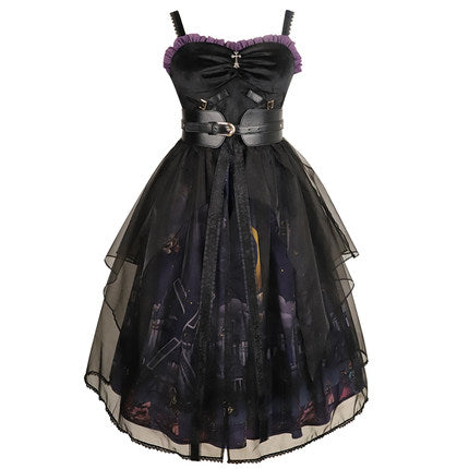 YingLuoFu - Witchville Halloween Gothic Lolita Jumper Dress S jsk dress+apron veil+waistband