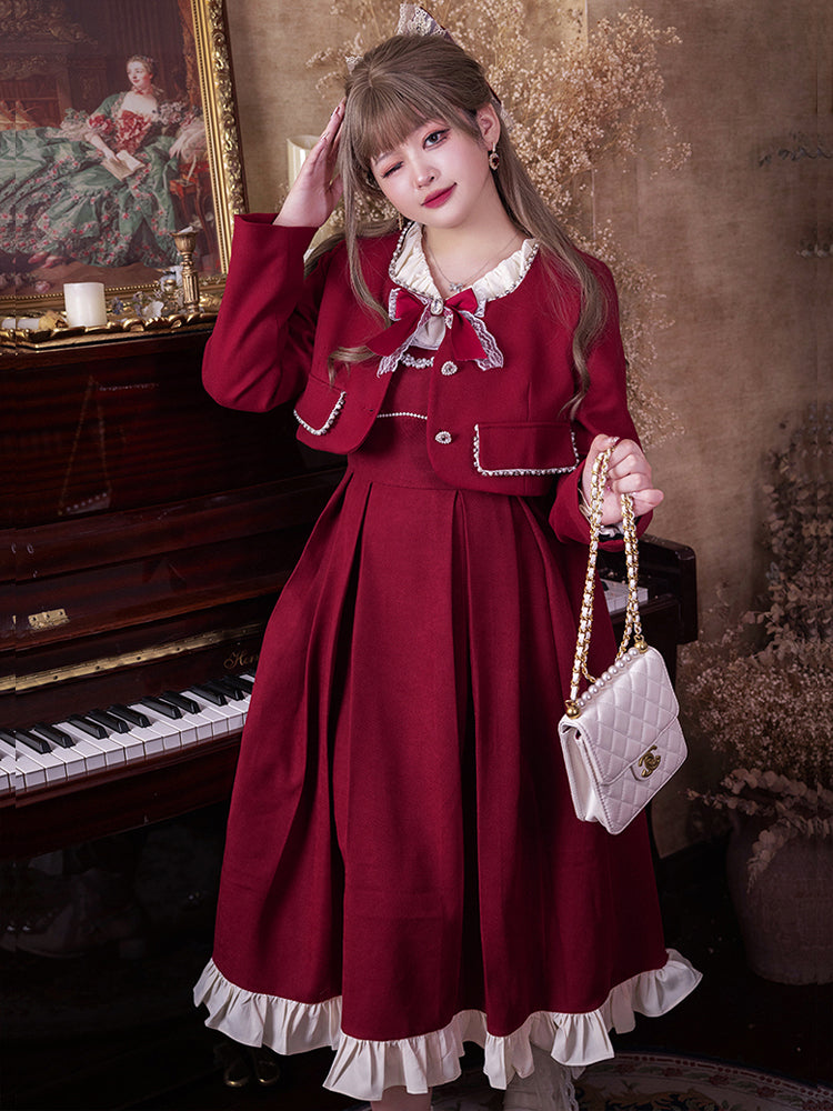 Yingtang - Plus Size Lolita French Retro Dress Set XL retro red JSK long version (JSK only)