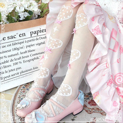 Roji roji~Super Thin Summer Lolita Knee Socks over knee socks pink plaid bow on white ground 