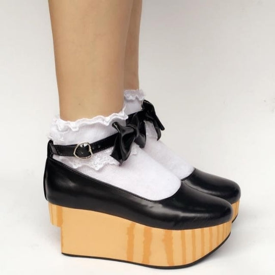 Japanese Style Wooden Platform Wa Lolita Shoes 35 Black - PU Leather