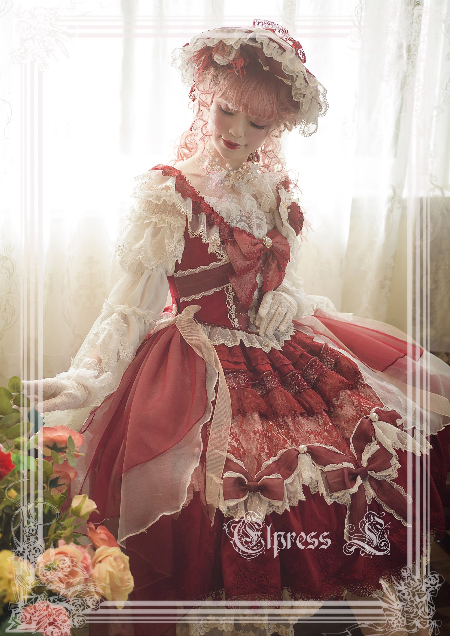 Elpress L - Christmas Flower Hairpins Lolita Mesh Veil KC Bonnet
