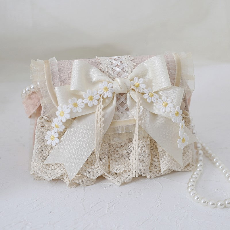 Xiaogui~Elegant Lolita Bag Daisy Pearl Chain Lace Handbag   