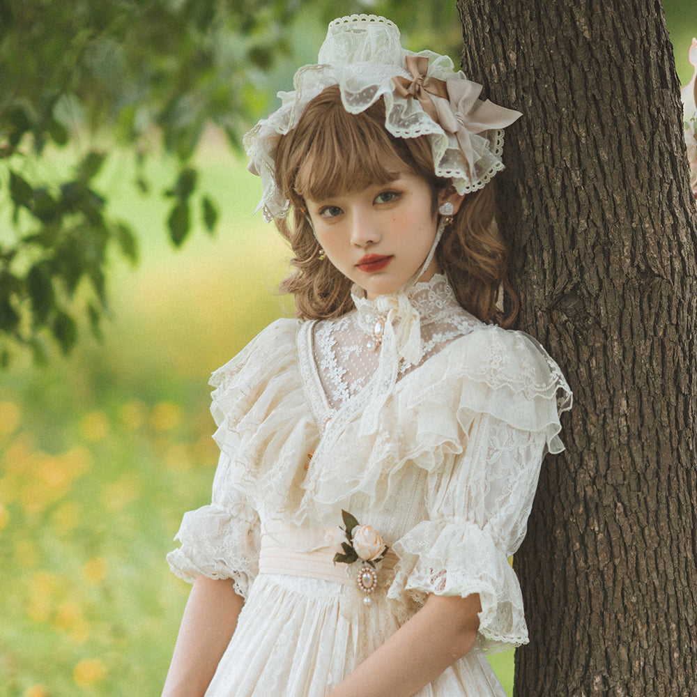 Miss Point - Woody Rose - Lolita Headband Flower Brooch apricot headband(with cream white bows)