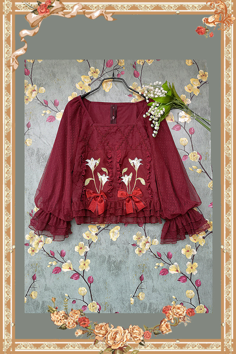 Infanta - Melaleuca Lily - Embroidery Country Lolita Blouse and Skirt M red blouse