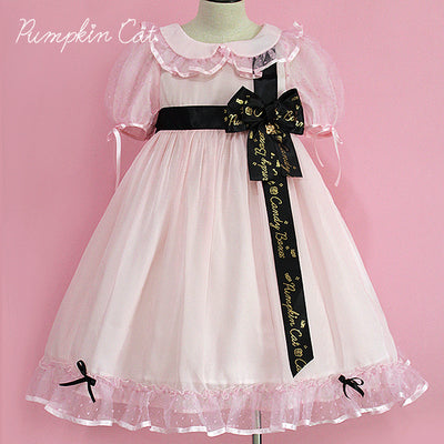 Pumpkin Cat - Candy Boxes Sweet Lolita OP Dress S voile light pink with black silk ribbon