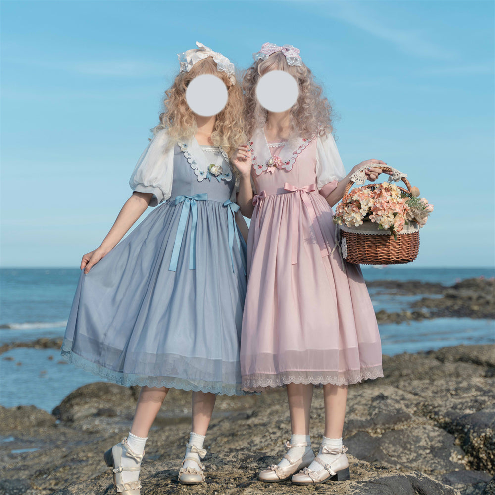 EESSILY~Afternoon Courtryard~Kawaii Lolita Summer Embroidery OP blue S (blue / L M S XL) 8320:130822