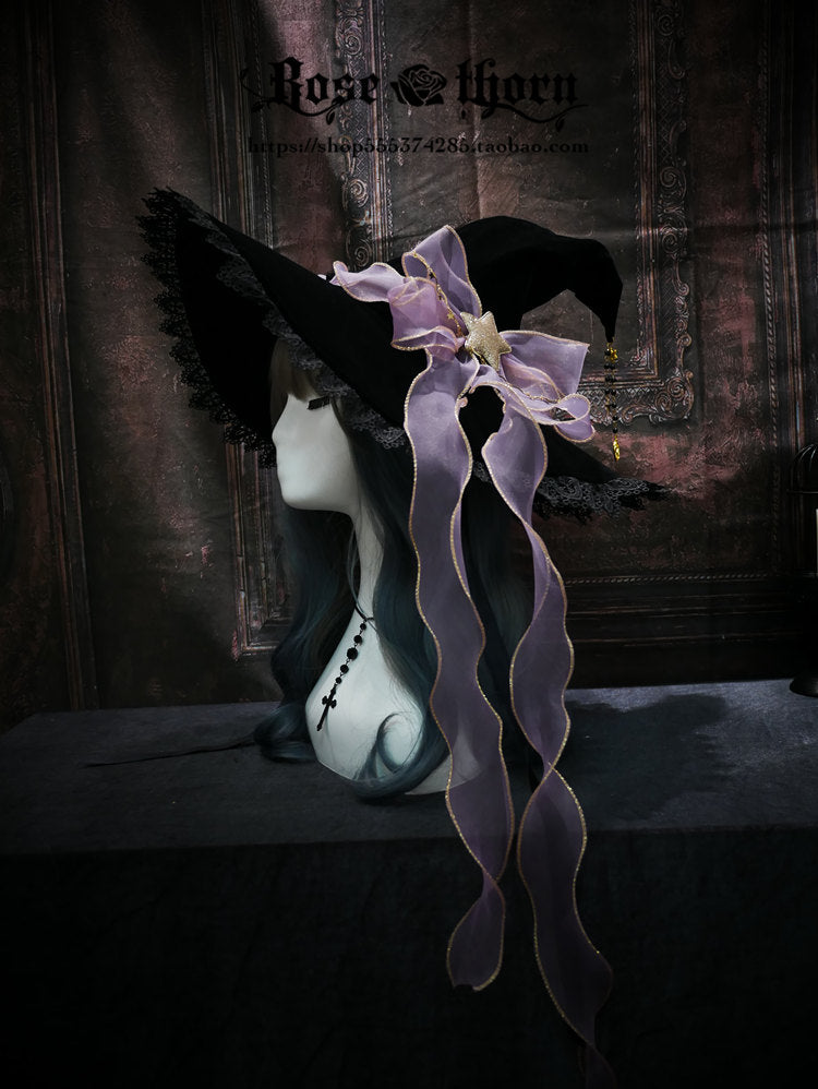 Rose Thorn - Twinkle Veil Lolita Halloween Witch Hat Purple / bow ribbon hat / without the veil and star chain