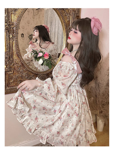 Yingtang~French Retro Plus Size Sweet Floral Lolita Dress   