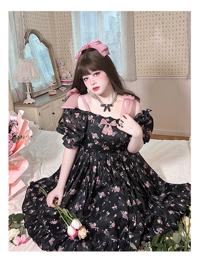 Yingtang~French Retro Plus Size Sweet Floral Lolita Dress XL black short sleeve 
