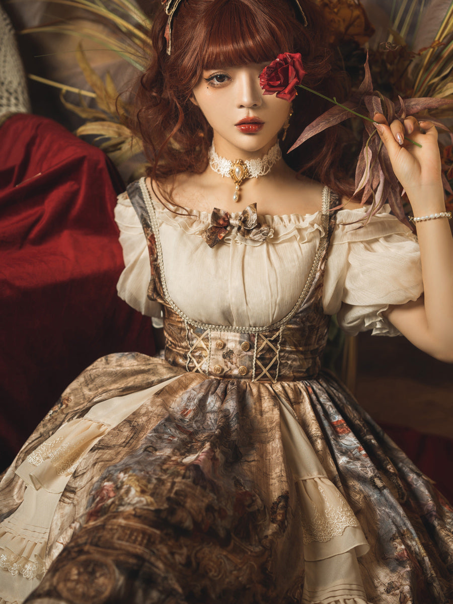 YingLuoFu - Cloria - Classic Oil Paiting Print Lolita JSK S inner wear blouse+headband+choker