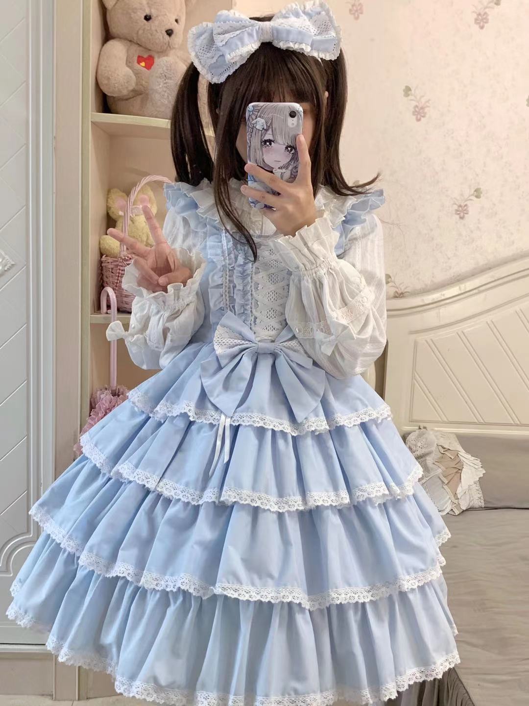 Ilovexiaolu - Princess Tata Kawaii Solid Color Lolita JSK S Long light blue