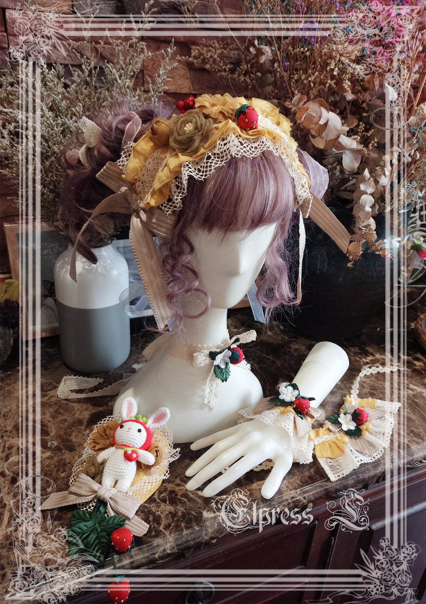 Elpress L～Country Lolita Accessory Hairband Choker Cuffs yellow choker 