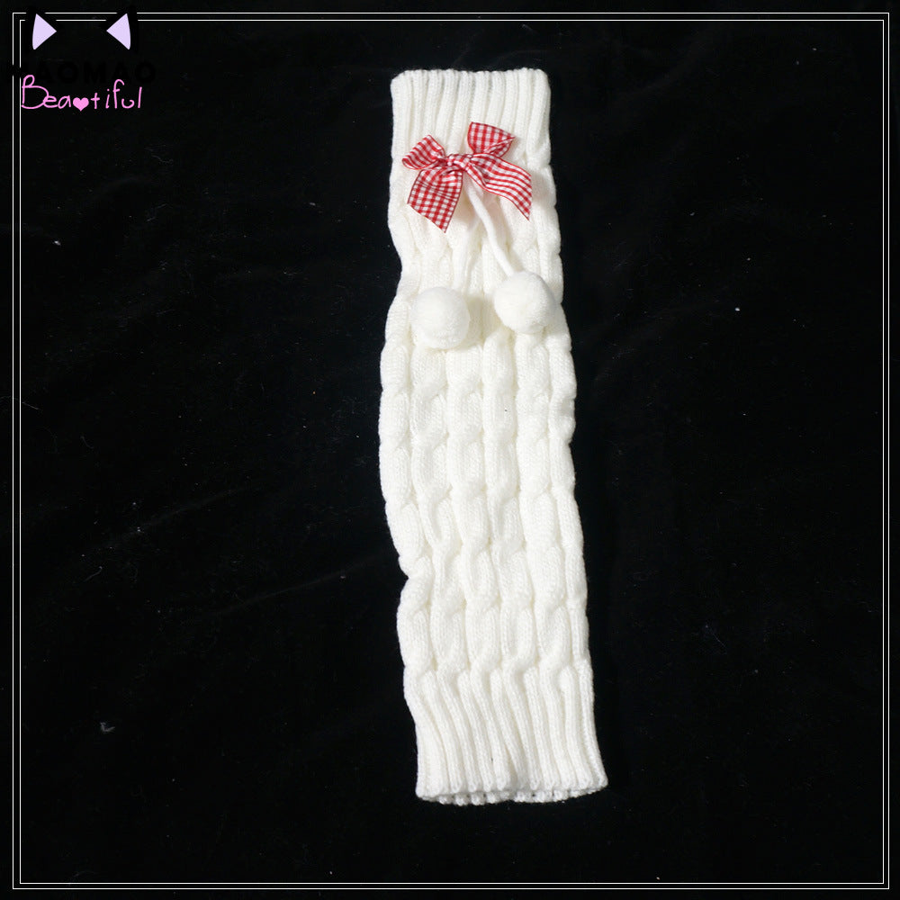 Kawaii Lolita Fluffy Rabbit Ears Leg Warmer red grid hairballs leg sleeves One Size