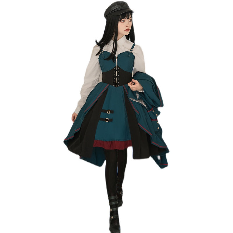 Cyan Lolita - Dwanguard - Military Lolita JSK and Jacket black corset JSK only S