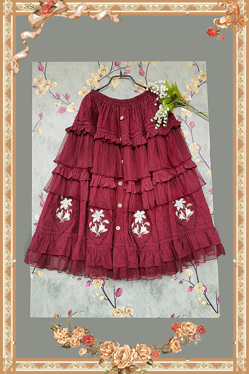 Infanta - Melaleuca Lily - Embroidery Country Lolita Blouse and Skirt M red SK