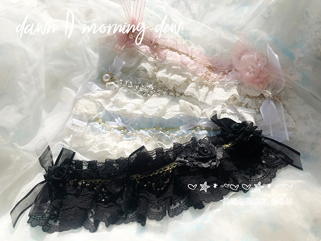 Dawn and Morning - Flower Wedding Lolita Accessories Headdress Set hairband black + golden