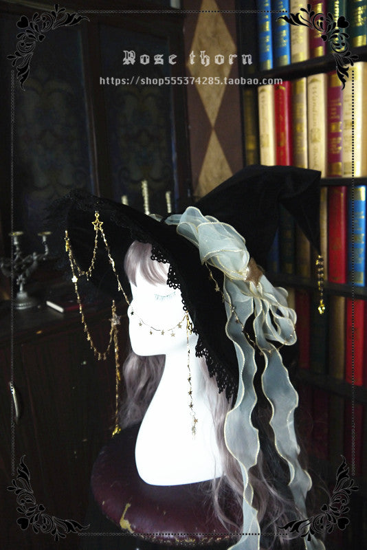 Rose Thorn - Twinkle Veil Lolita Halloween Witch Hat Light gold / bow ribbon hat / without the veil and star chain