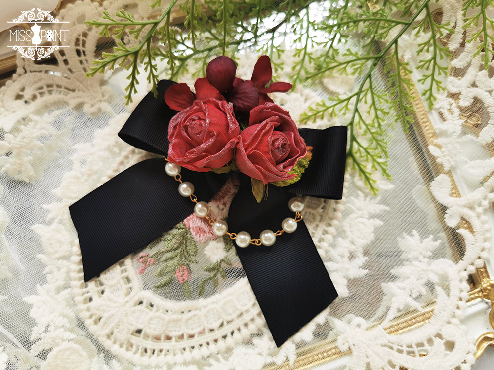 Miss Point - The Sally Gardens - Elegant Lolita Lace Choker and Brooch dual use floral corsage-black