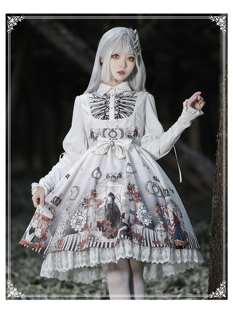 YingLuoFu~Black Fairytale~Gothic Twins Lolita JSK S white jsk dress+detachable bows 