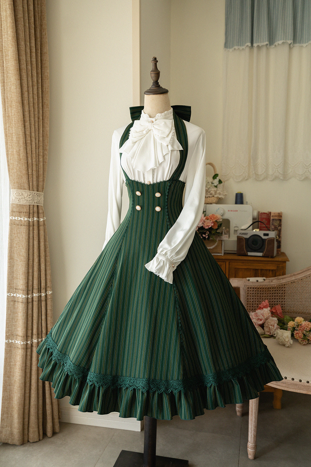 (BuyForMe) Forest Wardrobe~South of the Forest~Vintage Lolita Halter JSK Dress French Style Blouse S dark green striped JSK 