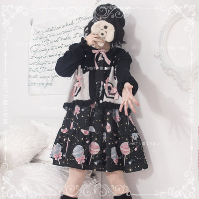 MIST~Beating Heart~Sweet Lolita Thick Sweater Coat Puff Sleeve S black pink 