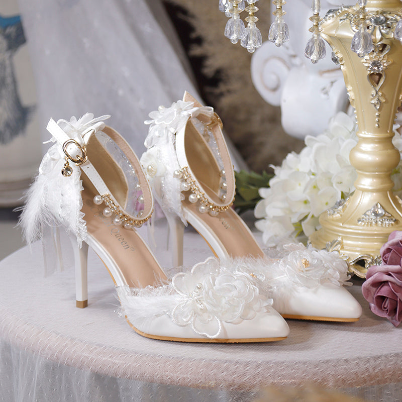 One Night - Flower Wedding Pointed Toe High Heels 34 white (9.5cm)