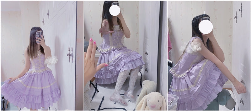 Sweet Angel - Balletcore Sweet Lolita Pink Dress Set S light purple top