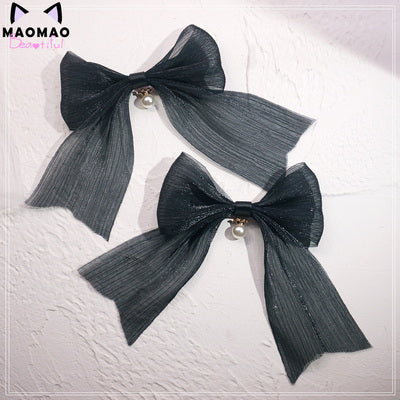 MaoJiang Handmade - Kawaii Bows Lolita Head Accessories black-big bow bead hairpin (a pair)