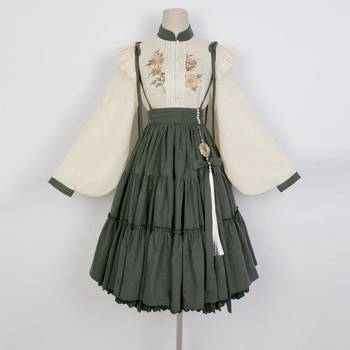 Meow Jun - Sunflower Appointment - Chinese Style Skirt and Blouse S Beige Blouse+Suspender Skirt (with a free pendant)