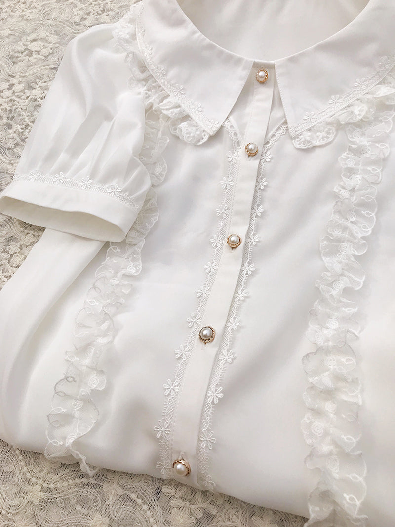 Yilia - J-fashion Lace Flounce Chiffon Lolita Blouse XS white