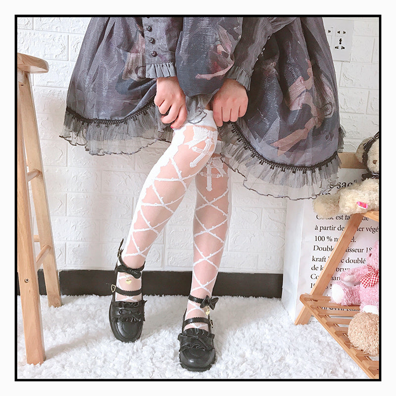 Roji roji~Thorn Kiss Lolita Thigh Stockings Lolita Pantyhose free size white knee stockings 