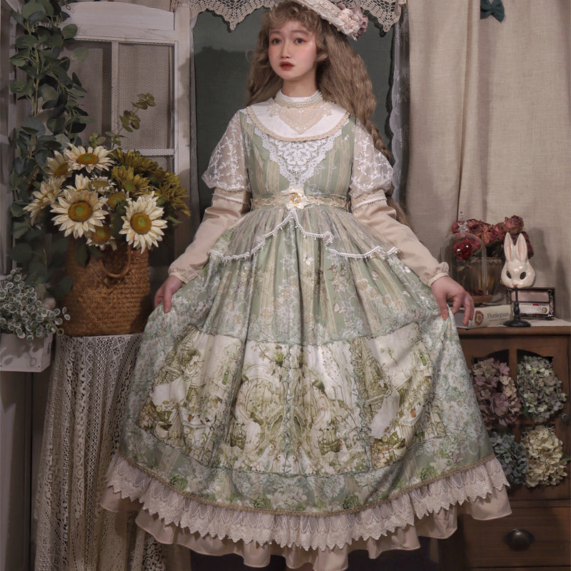 Cat-Romance - A Twilight Feast - Vintage Casual Lolita Summer OP One Size gras green op