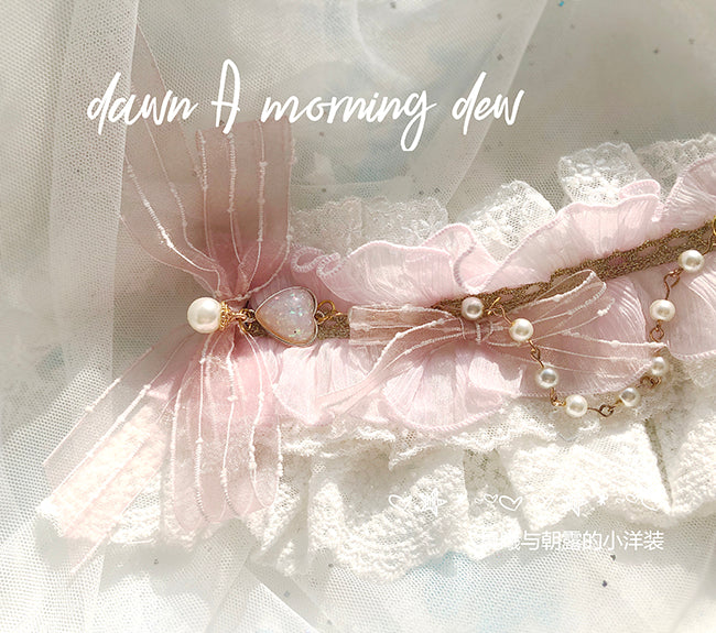 Dawn and Morning - Flower Wedding Lolita Accessories Headdress Set waist chain pink + golden
