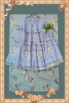 Infanta - Melaleuca Lily - Embroidery Country Lolita Blouse and Skirt M blue SK blue net yarn