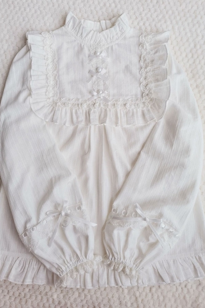 Yilia - Cotton Lolita Lace Long Sleeve White Blouse