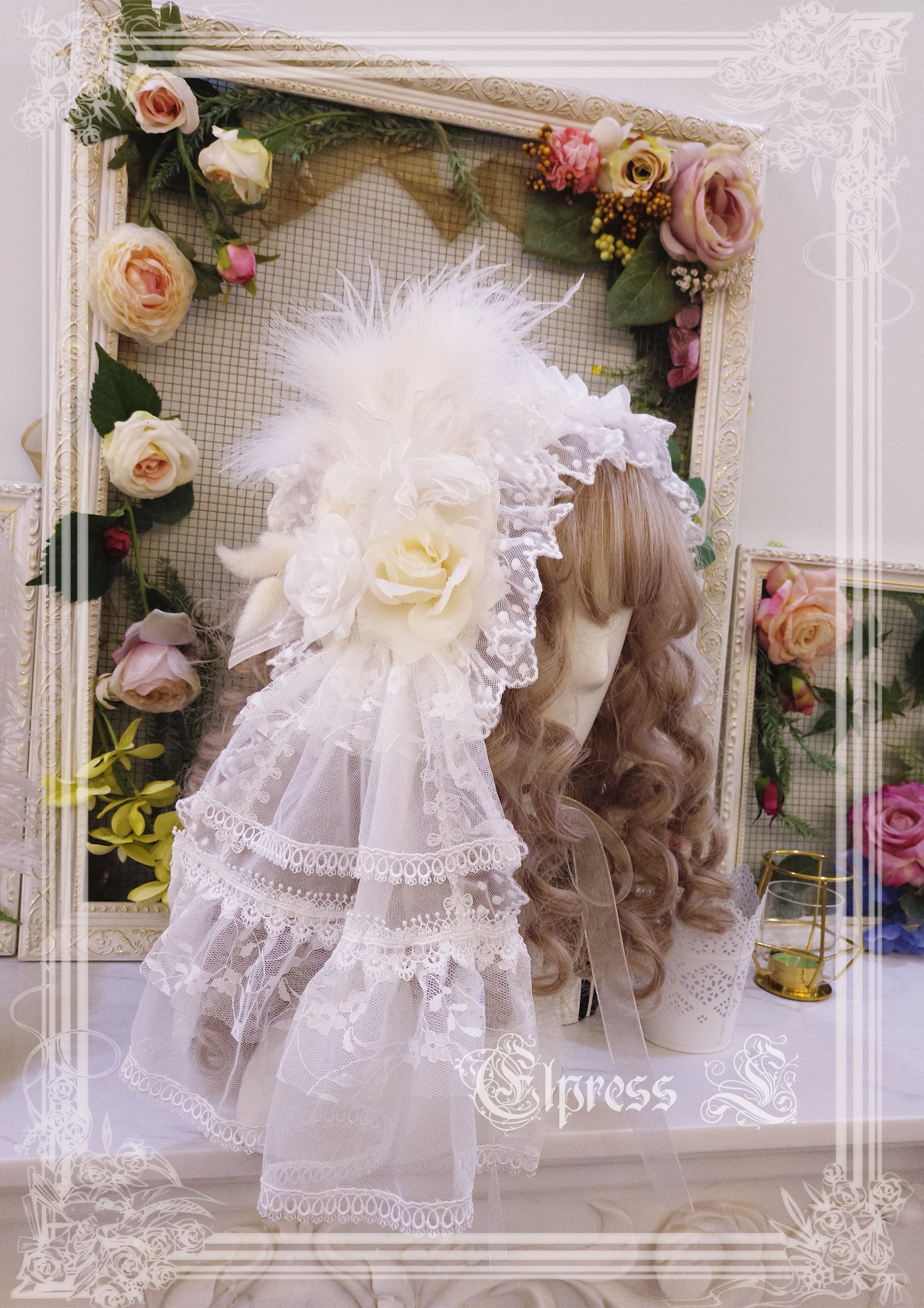 Elpress L~Wedding Lolita Floral Headdress BNT Veil white flower hairpins