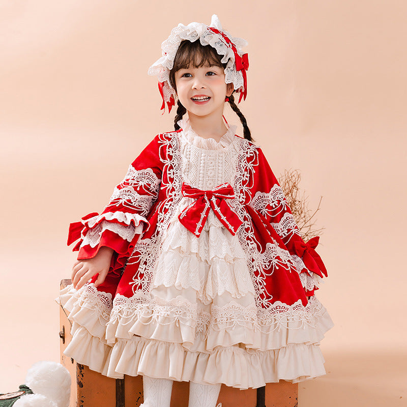 Kid Lolita Winter Velvet Dress red dress（add fleece and with headband） 120cm 