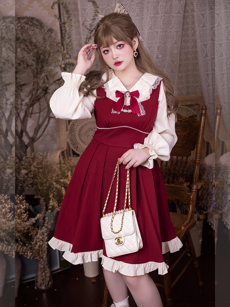 Yingtang - Plus Size Lolita French Retro Dress Set XL retro red JSK only short version (JSK only)