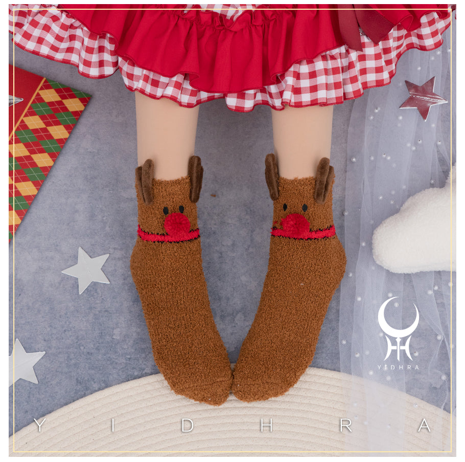 Yidhra~Coral Flannelette Warm Kawaii Lolita Christmas Socks   