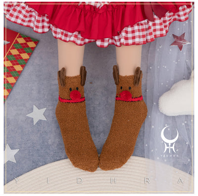 Yidhra~Coral Flannelette Warm Kawaii Lolita Christmas Socks   