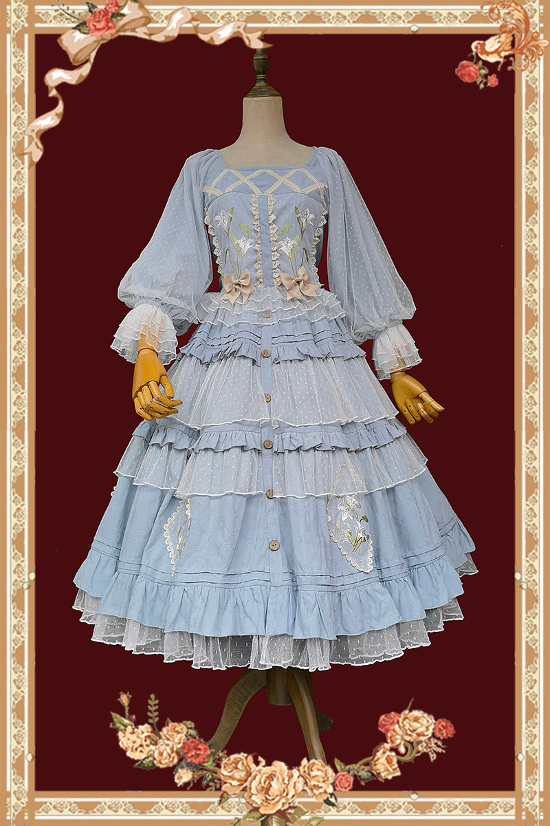 Infanta - Melaleuca Lily - Embroidery Country Lolita Blouse and Skirt M blue set white net yarn