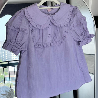 Sakurada Fawn - Plus Size Lolita Shirt Solid Color Short Sleeve Blouse S purple