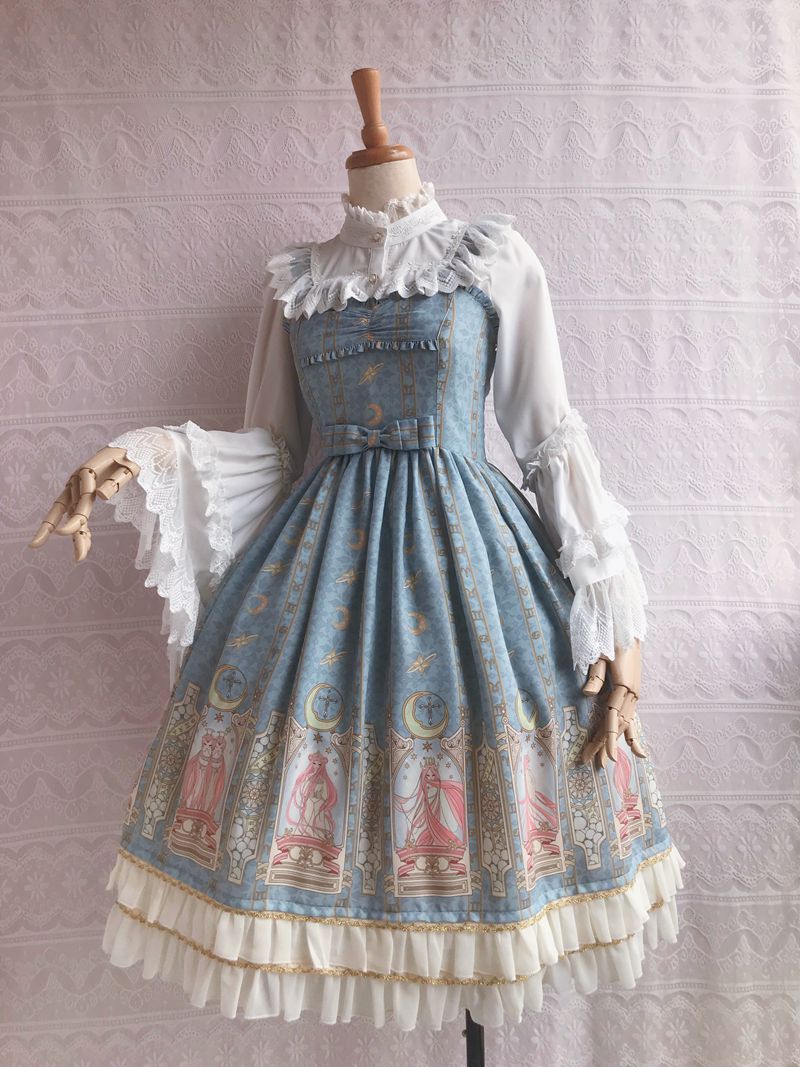 Yilia - Constellation Printing Chiffon Lolita JSK Dress XS light blue (long verion)