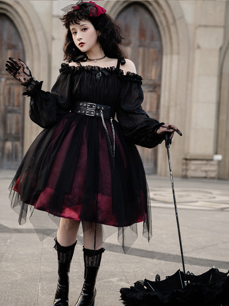 Your Princess~Gothic Lolita High Waist Black Dress S red short version 