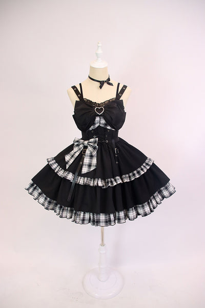 Alice Girl~Black Lolita Dress~Little Spicy Plaid JSK Dress XS black and white (new version, without ruffles on bust) 