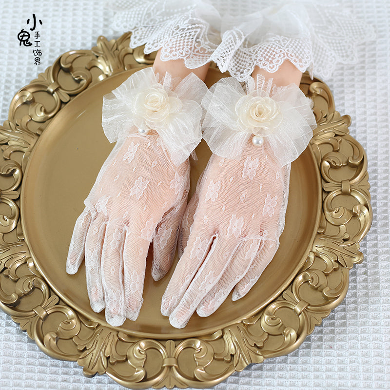 Xiaogui - Lace Bowknot Flower Vintage Lolita Gloves One Size ivory flower